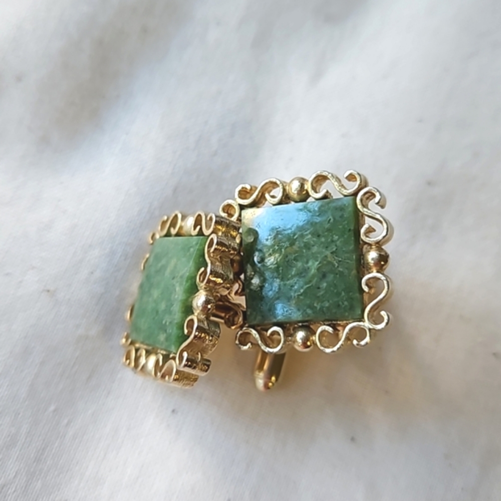 Vtg jade & gold tone cufflinks by Danté - Picture 6 of 10